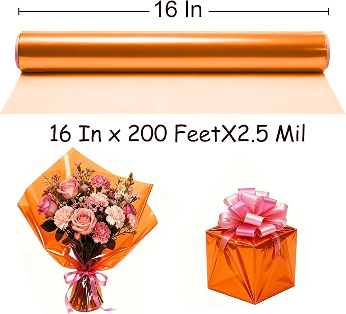200 ft Orange Cellophane Wrap Roll (16 In x 200 Feet) - 2.5 Mil Thick for Gift Baskets, Bouquets, Party Decorations