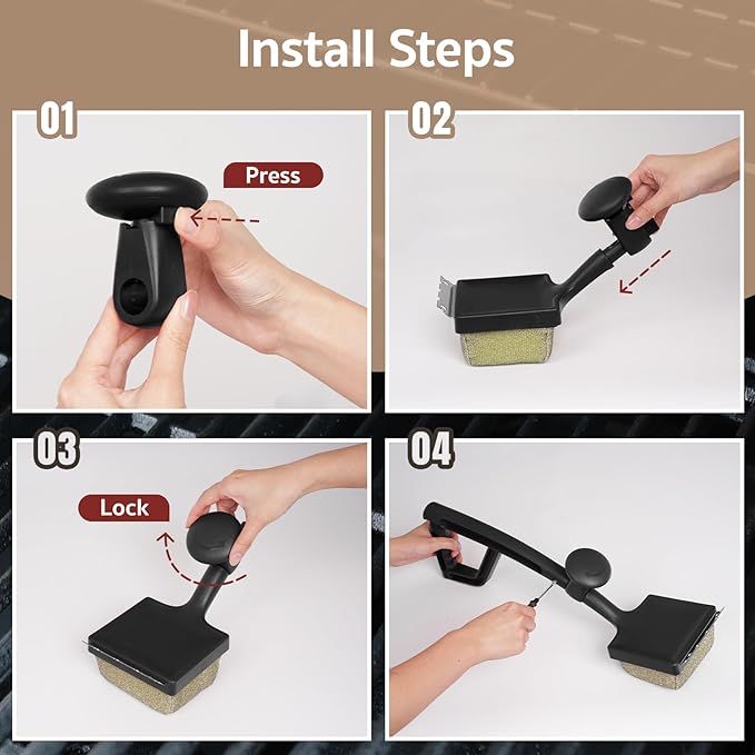 GASPRO Steam Grill Brush Bristle Free for Outdoor Grill, BBQ Cleaning Brush Set with 2 Replacement Heads, Heat-Activated Sponge & Scraper, Ergonomic Handle, Safe for Most Grates, Black