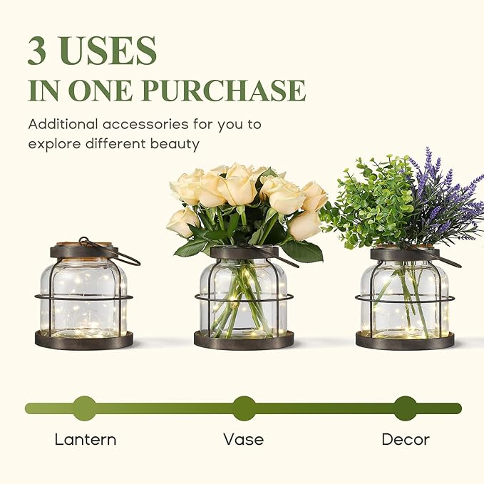 Vintage Farmhouse Lantern Decor with Hidden Switch Lid, LED Lighted Rustic Glass Vase for Floral Arrangements, Table Centerpiece Vintage Farmhouse Flower Vase-Metal Cage