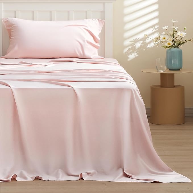 Bedsure Cooling Sheets Twin XL, Rayon Derived from Bamboo, Breathable & Soft Twin XL Sheet Sets, Deep Pocket Up to 16 Inches, Hotel Luxury Silky Dorm Bedding for Hot Sleepers, Pink