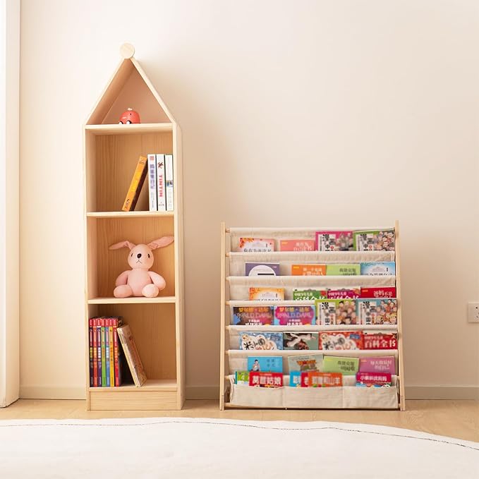 Wooden Bookshelf for Kids Wood Bookrack Canvas Book Storage Shelf Display Bookshelf 6 Tier Kids Book Rack for Bedroom Living Room Playroom Storage Organizer Natural (29.52" L x 11.81" W x 31.10" H)