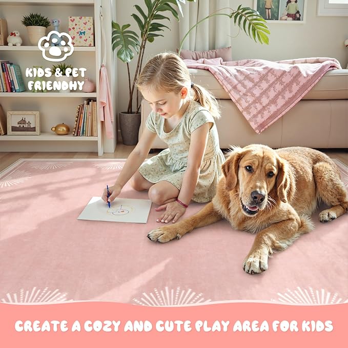 Hedlive Modern 3x5 Pink Rugs for Bedroom Girls,Ultra Thin Nursery Rug for Girls Room, Sun Printed Non Slip Washable Area Rug,Soft Non Shedding Throw Carpet for Playroom Classroom(3'x5',Pink)