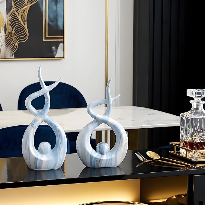 Blue Sculptures Home Decor, Dining Room Table Centerpiece Living Room Decor, Ceramic Statues Shelf Decor, Modern Abstract Art Desktop Entrance Table Decorations (Set of 2, 9.84" H & 8.86" H)