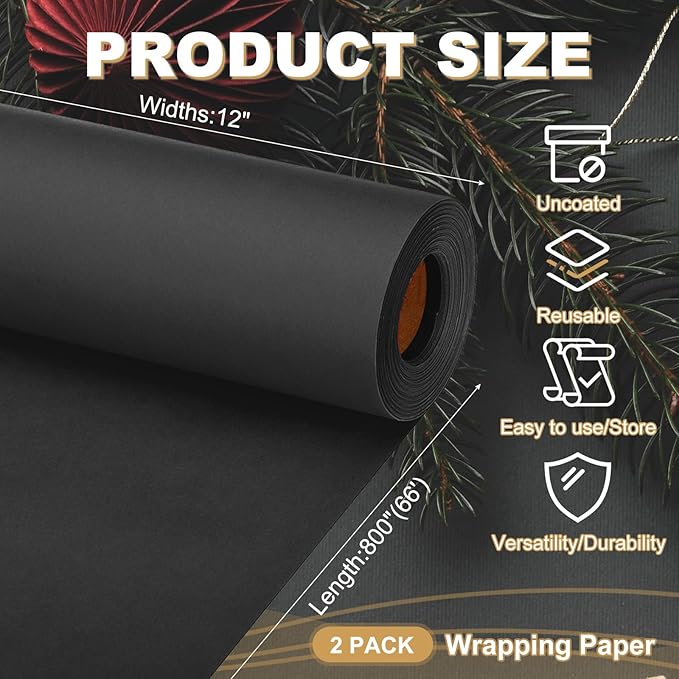 PATIKIL Wrapping Paper, 2 Pack 12"x800"(66') Bulletin Board Paper Roll Kraft Paper Roll Construction 80GSM for Shipping Packing Gift Wrapping Craft Flower Bouquet Christmas, Black