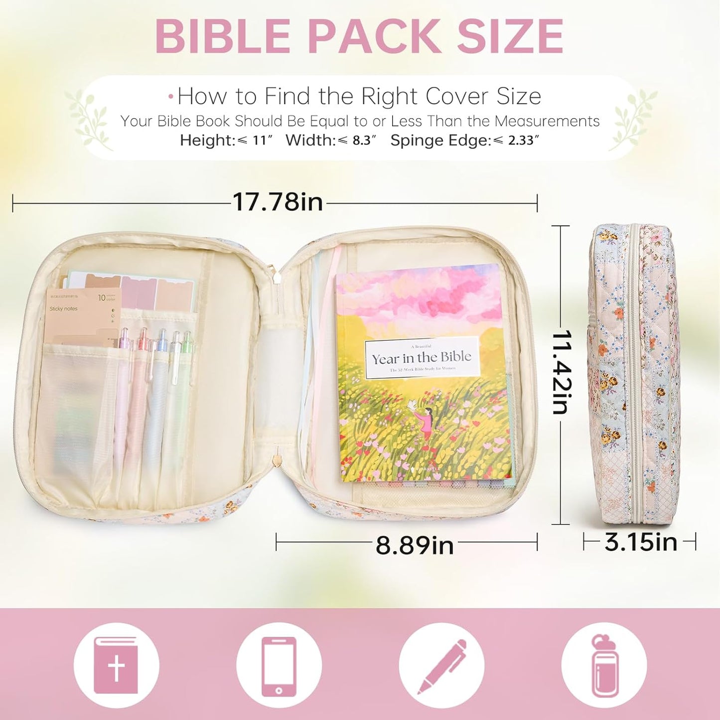 Skiennix Bible Cover Case - Large Quilted Design with Durable Handle | Spliced Flower Pattern