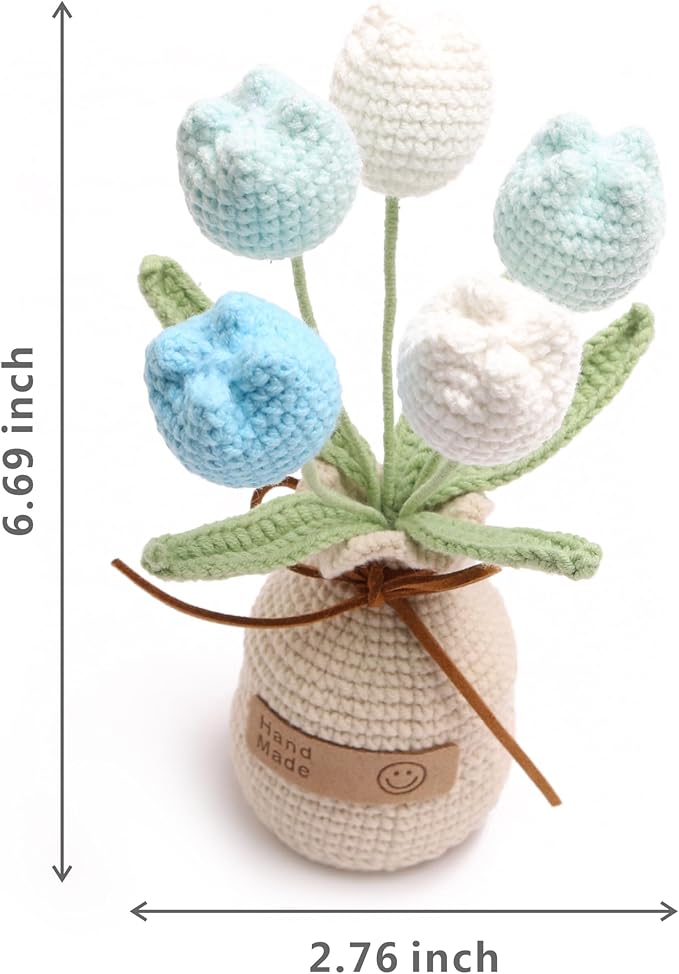 Crocheted Tulips, Hand-Woven Potted Plants, Permanent Tulips, Used for Creative DIY Table Decoration, Birthday Gift ，Graduation Ceremony, Christmas and Thanksgiving (5 Flowers-Blue)