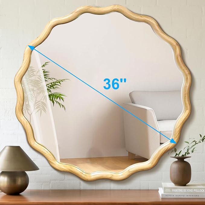 Circle Wood Mirrors for Wall, Wavy Round Bathroom Scalloped Mirror Wooden Frame 36 Inch for Living Room Farmhouse Bedroom Hallway Entryway Living Room with Shatterproof Glass Wall Mounted