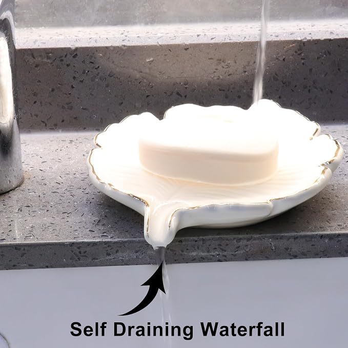 White Leaf Bathroom Soap Dish,Ceramic Soap Dish Holder in Palm Leaf Style,Self Draining Design and Used to Hold Various Small Bathroom and Kitchen Accessories