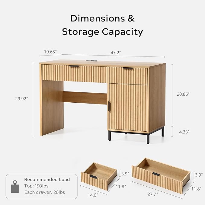 47" Fluted Executive Desk, Modern Wood Home Office Desk with Charging Station, Drawer & Cabinet, Computer Writing Desk for Work Study, Natural Oak