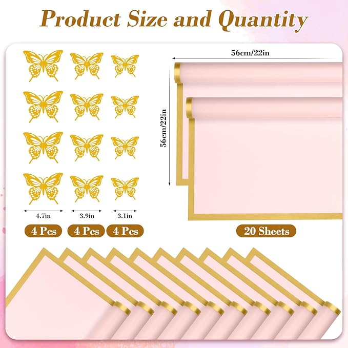 cridoz 20 Sheets Flower Bouquet Wrapping Paper with 12 Pieces Gold Butterfly Decorations for Flower Bouquets, Waterproof Floral Bouquet Wrapping Paper for Flower, Gift Wrapping(Pink)