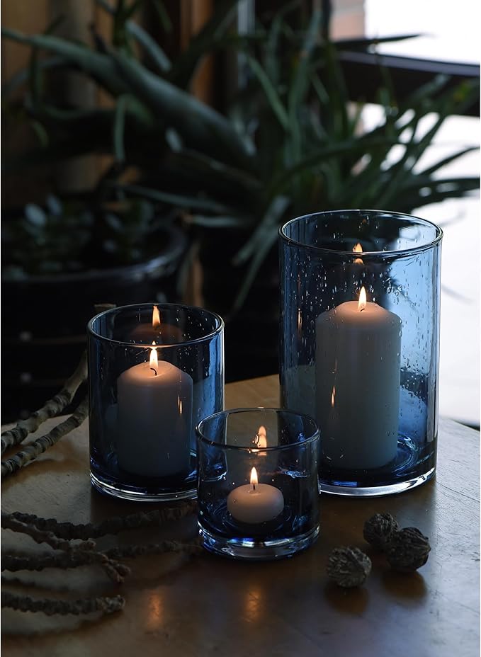 ARIAMOTION Blue Candle Holder for Pillar Tealights Modern Bubbles Glass Hurricane Cylinder Vases Table centerpieces Kitchen Island Dining Room Coffee Bar 8" 5" 3.5" Height Set 3