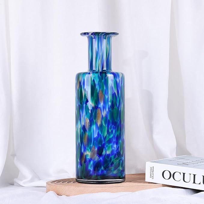 13" H Hand-Blown Glass Vase, Modern Art Glass Cylinder Vase, Green Glass Decorative Vase for Living Room Dining Table centerpieces, TV Console, Office, and Console Decor.
