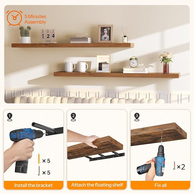 HOOBRO Floating Shelves for Wall, Wall Mounted Shelf Set of 2, 55" Hanging Shelf with Invisible Brackets, for Wall Storage in Bathroom Bedroom Kitchen Living Room Office, Rustic Brown BF140BJP201
