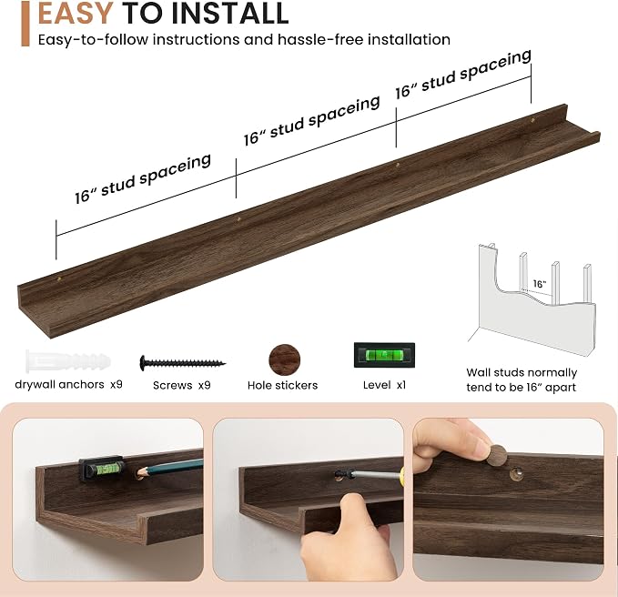 Dreamland Picture Ledge Shelf for Wall, Floating Shelves Set of 2,55 inch Long Floating Shelves with Lip for Living Room,Bedroom,Bathroom,Kitchen,Walnut