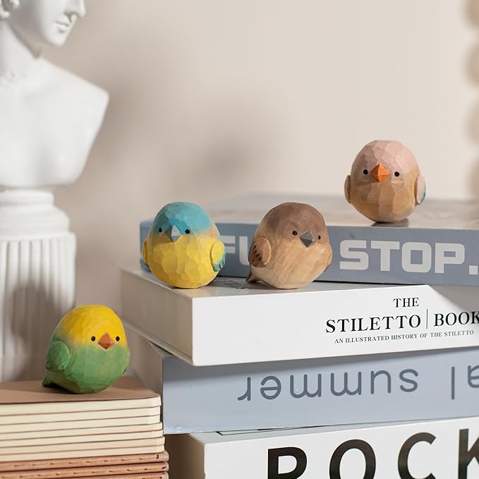 Hand-Carved Wooden Bird Figurines Set of 4 – Rustic Colorful Mini Birds Statues for Farmhouse Tabletop Décor, Cottage Chic Ornaments, Spring Decorations & Gift for Bird Lovers