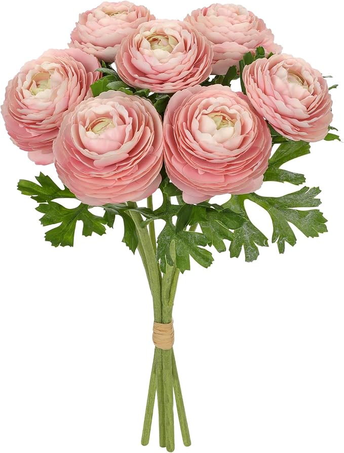 Hollyone 7 Heads Ranunculus Artificial Flowers Pink Fake Ranunculus Small Bouquets Silk Flowers Faux Floral Centerpieces Flower Arrangements for DIY Home Decor Wedding Party Bridal Shower Decorations