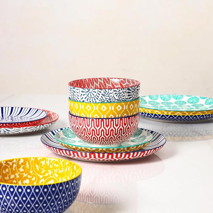 Selamica Ceramic Plates and Bowls Sets,18 Pieces Dinnerware Sets for 6,Dishwasher & Microwave Safe dish set,Family & Holiday Dining, Assorted Colors