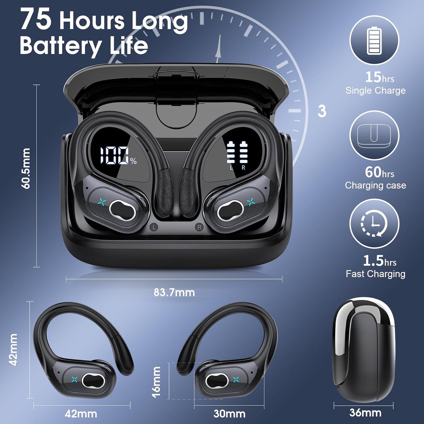 Skiennix Wireless Earbuds - 75Hrs Battery Life | Bluetooth 5.4 | Deep Bass & ENC Noise Cancelling | IPX7 Waterproof for Gym & Running