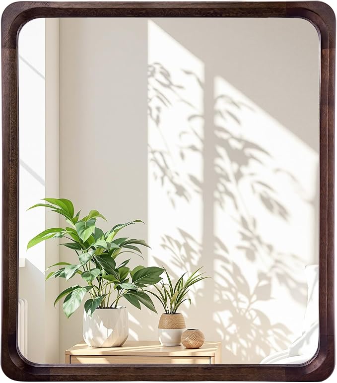 Tanmicoshomy Wood Bathroom Mirror 30 x 30 Inch, Solid Wood Framed Rectangle Mirrors with Shatter-Proof Glass for Living Room Bedroom or Entryway(Dark Brown)