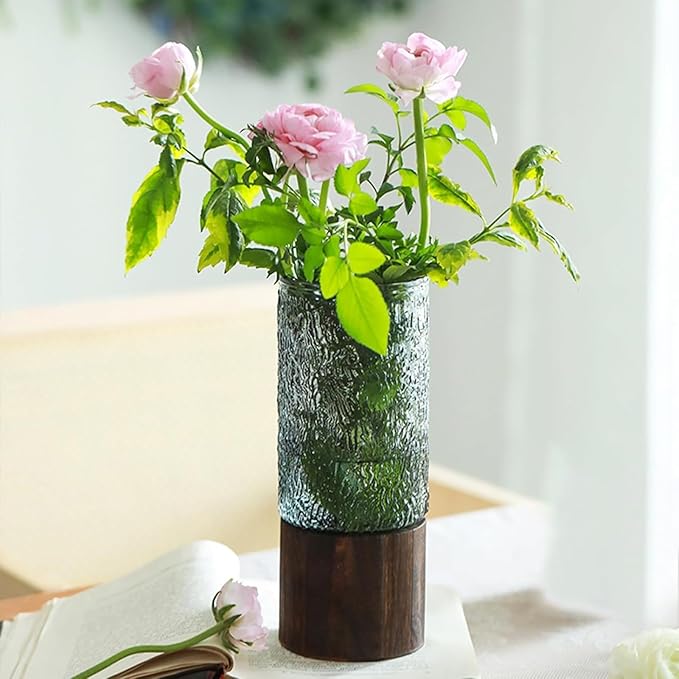 Wooden Vase, Glass Vase with Wooden Base Cylindrical Flower Vase, Classic Boho Rustic Style for Fireplace Bedroom Kitchen Living Room Centerpieces Office Desk, 10" H (Cold Grain)