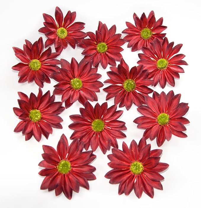 Daisy Silk Flower Heads, 12 Pcs Artificial Daisy Flower Heads, 3.5 Inch Wine Red Floral Heads Fake Daisies for Decoration, DIY Craft, Vase, Flower Arrangement, Hats, Costume, Hair