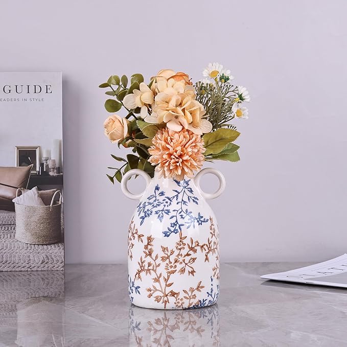 Rustic Blue Ceramic Vase with Handle, Nordic Boho Small Vases Side Table Flower Centerpiece, Wide Mouth Single Flower Vase Pampas Grass Decorative - for Home Window Sill Living Dining Room Kitchen