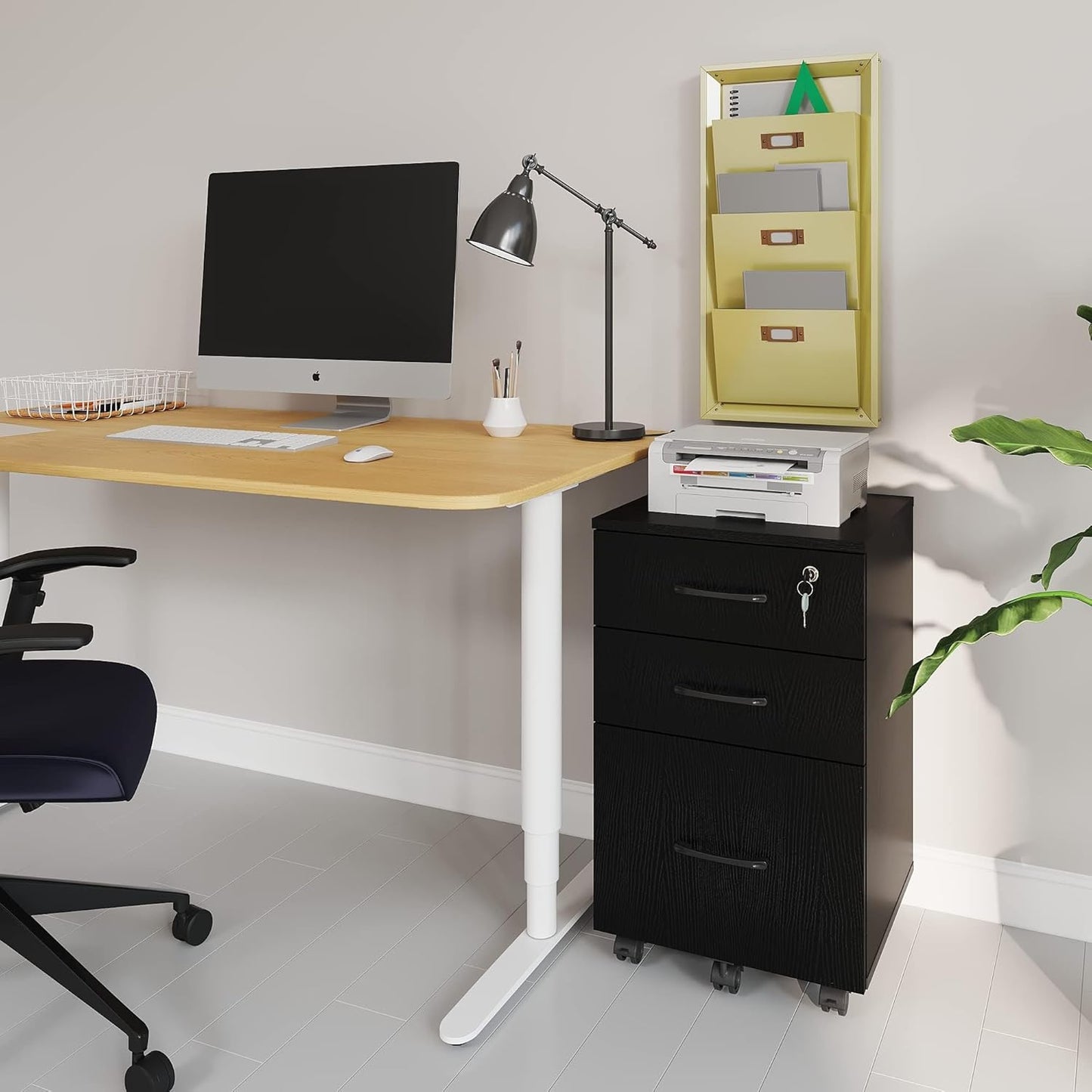 Skiennix File Cabinet - 3 Drawer Rolling Wood Storage with Lock for Home Office - Black, Fits Letter/A4 Size