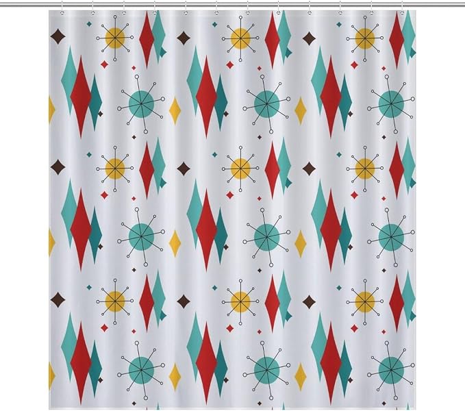 Mid Century Modern Shower Curtain,Atomic Starburst Geometric Diamond Pattern Shower Curtains Set for Bathroom Fabric Decorative Bath Curtain Washable Curtain Hooks, 72x72 in
