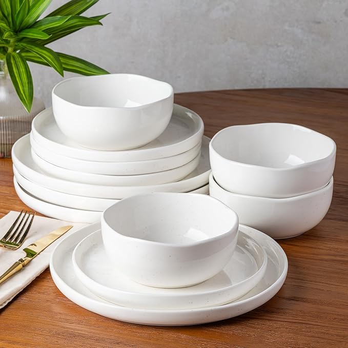 TheTerra Ceramic Dinnerware Sets for 4, 12 Pieces Handmade Reactive Glaze Plates and Bowls Set, Scratch Resistant Dish Set, Oven & Microwave & Dishwasher Safe, White Speckled