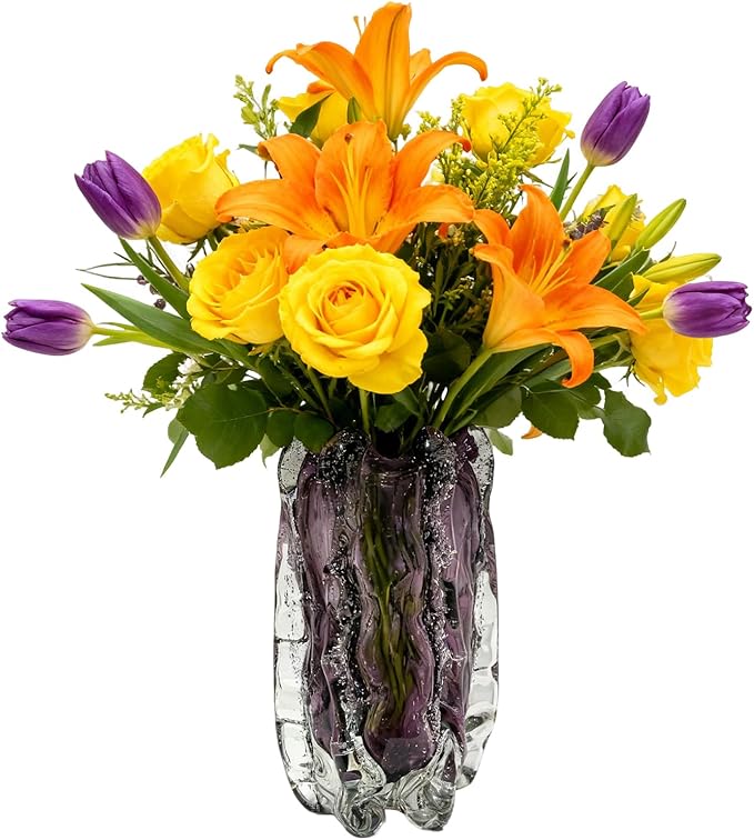Blown Glass Bubble with Ruffled Edge Vase, Art Glass for Home Decor, Tall Vases for Centerpieces & Flowers, Crystal-Like for Bouquets & Pampas Grass, Vases Amber, Flower Bouquet Display (Purple, L)
