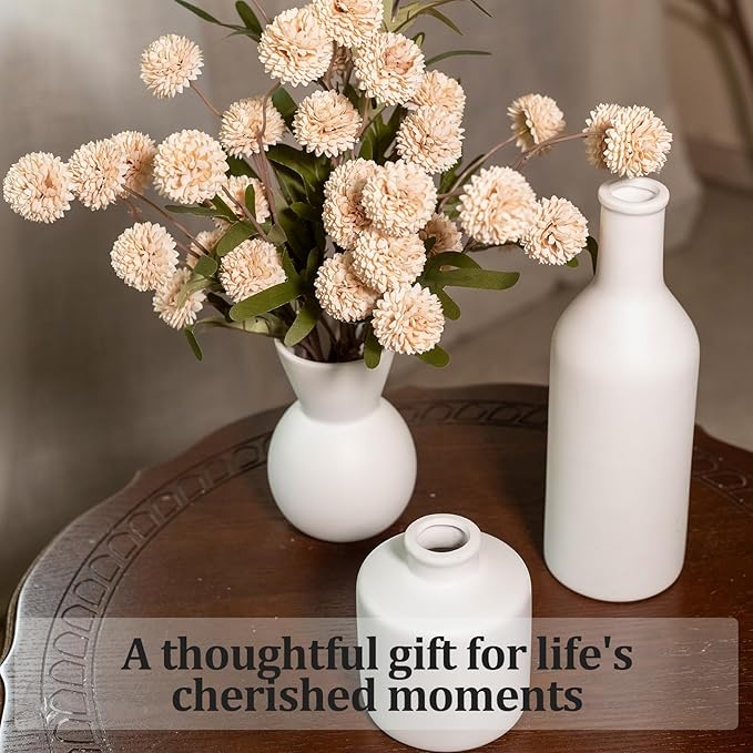 Ceramic Flower Vase Set of 3, Fake Flowers in Vase for Centerpieces with 8 Artificial Autumn Chrysanthemums Artificial Decorative Swags