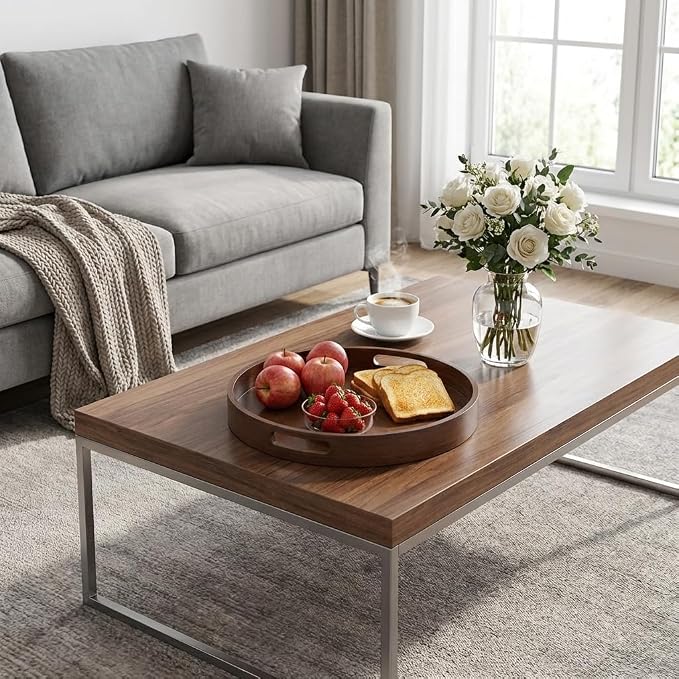 11.8 Inch Rustic Wood Serving Tray with Handles-Small Round, Decorative Tray for Kitchen Living Room Coffee Table Candle Display Breakfast in Bed, Multi-Functional Food & Beverage Tray Farmhouse Style