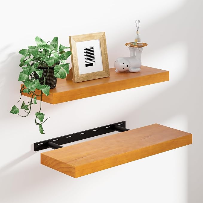 Heimlove Pine Wood Floating Shelves, 8 Inch Deep Real Wood Shelves Set of 2, Wall Mounted Rustic Wood 24x8 Floating Shelf with Invisible Brackets for Bedroom Kitchen Living Room - Honey Oak