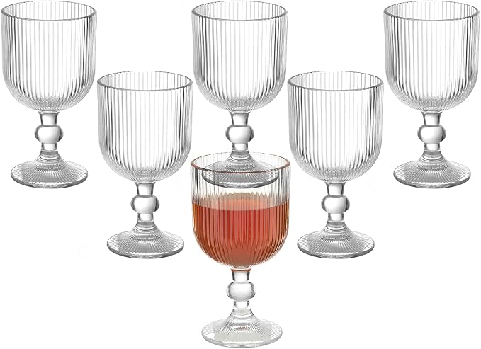 Vintage Wine Glasses Set of 6, 11 Ounces Colored Glass Water Goblets, Unique Embossed Pattern High Clear Stemmed Glassware Wedding Party Bar Glass Drinking Cups Fancy Glasses Vertical Line Clear