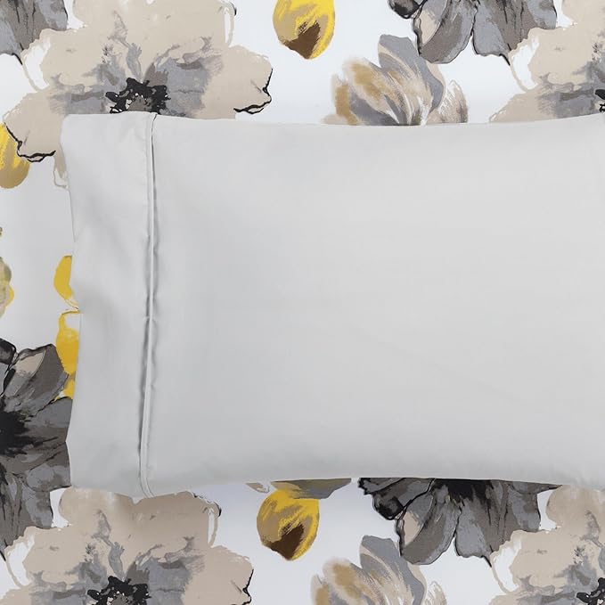 Lush Decor Leah Soft Floral Sheet Set, 6 Piece Set, Queen, Yellow & Gray- Queen Size Sheet Set - Printed Bedding - Watercolor Florals - Farmhouse Décor