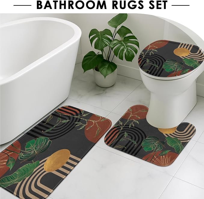 Brown Boho Mid Century Shower Curtain Set with Toilet Lid Cover and Non-Slip Rugs, Abstract Retro Grey Background 4 Pcs Modern Minimalist Aesthetic Shower Curtain for Bathroom Set with 12 Hooks