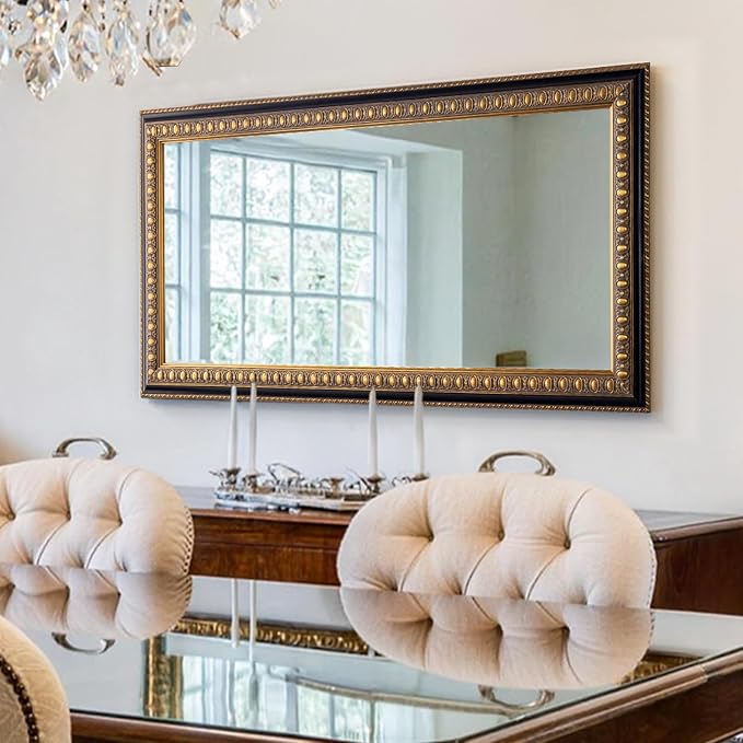 Vintage Wall Mirror for Living Room, 48" L x 24" W Large Gold Mirror for Wall with Carved Wood Frame, Rectangular Baroque Mirrors for Bathroom Entrance Hallyway, Horizontal/Vertical Hanging