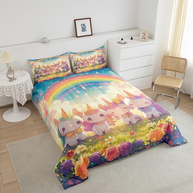 Unicorn Full Size Comforter Set,Reversible Cute Unicorn Rainbow Cartoon Horse Animal Bedding Comforters Bedroom Collection,Kawaii Style Flowers Galaxy Cloud Bedding Set for Girls Teens