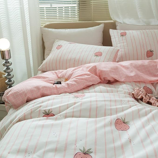 Cute Strawberry Duvet Cover Twin XL Soft 100% Cotton Pink Strawberry Bedding Sets Lightweight Kids Fruit Duvet Cover for Boys Girls Kawaii Bedroom Decor Reversible Pink Plaid Twin XL Bedding Set