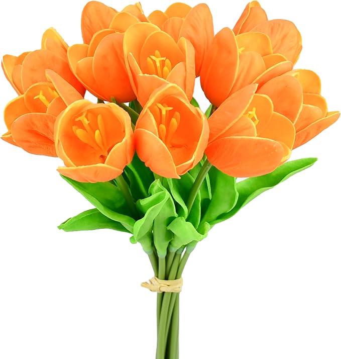 Mandy's Artificial Tulips 12 Stems Orange Partially Open PU Faux Flowers for Wedding Home Decor 13.5 Inch