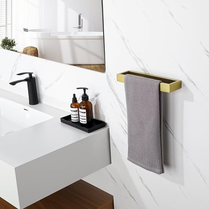 Sayayo Brushed Gold Towel Bar for Bathroom, 10 Inch Hand Towel Holder Wall Mount Square Towel Ring SUS304 Stainless Steel Towel Rack