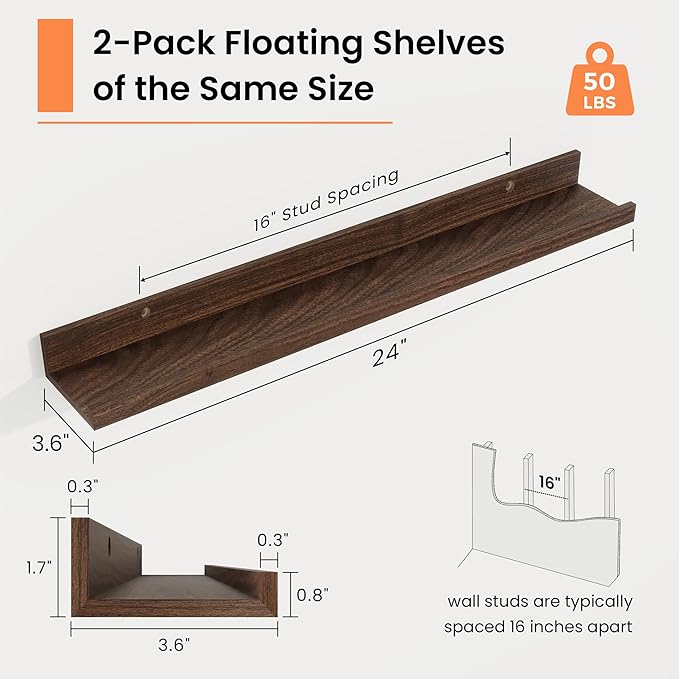 RICHFOCUS Picture Ledge Shelf, 24 inch Floating Shelves Set of 2, Wood Wall Shelves with Lip, Wall Decor Storage for Bedroom Living Room Bathroom Kitchen Nursery Photo Picture, Walnut