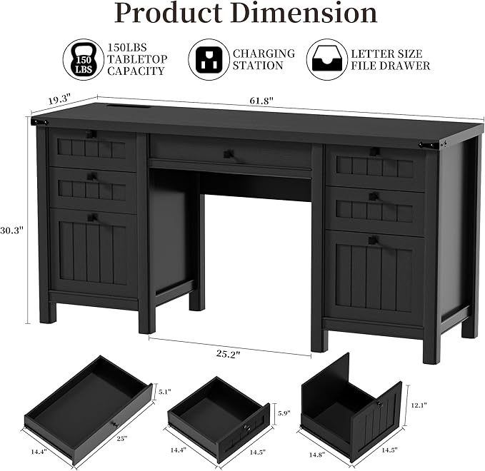 Executive Desk, Modern Farmhouse Computer Desk with Drawers & Cabinet, Home Office Desk for Work Study Writing Workspace (Black, 62")