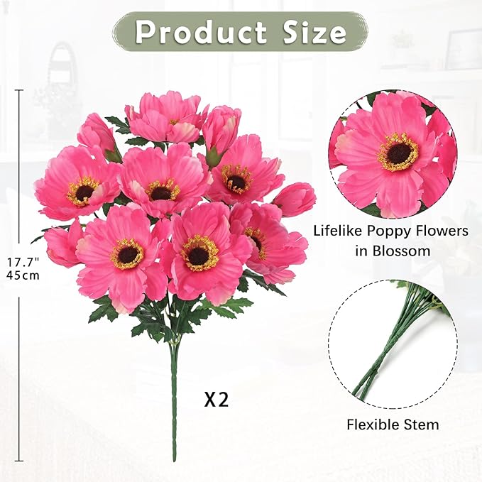 Hollyone 10 Heads Pink Poppy Flowers Artificial 2Pcs Fake Poppies Flowers Bouquets with 7 Heads Full Bloom Poppy & 3 Buds Bouquet Stems Spring Sumer Faux Floral Flower Arrangement for DIY Home Decor