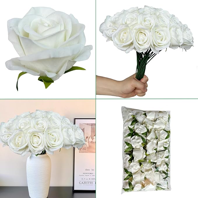 FagusHome 30 Pcs Silk Rose Artificial Flowers Roses Bulk Bouquet Fake Flowers Rose Heads with Stems for Home Wedding Decor (White)