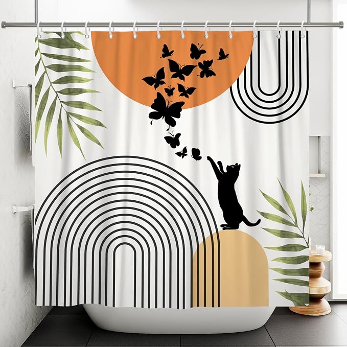 Mid Century Cat Shower Curtain Abstract Boho Geometric Minimalist Black Cat Butterflies Green Leaf Aesthetic Shower Curtain for Bathroom Decoration Accessories with Hooks 72x84 inch
