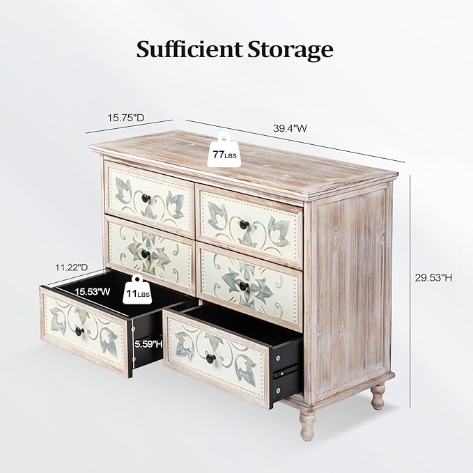 VINGLI White Dresser for Bedroom, 6 Drawer Dresser with Carved Flower Pattern, Wood Dressers Chest of Drawers with Solid Wood Legs