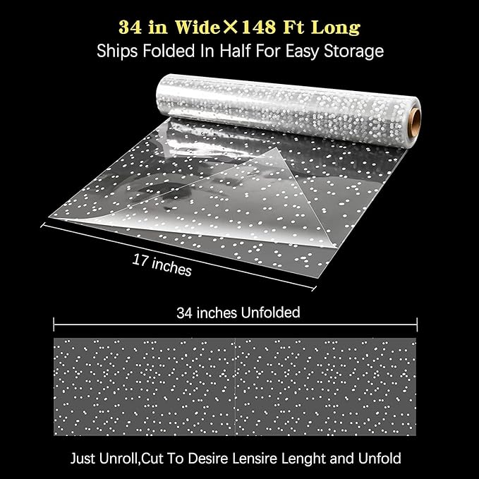 Giiffu Clear Cellophane Wrap Roll (34 in x 148 ft)-Cellophane Roll for Gift Basket, White Polka Dot Wrapping Paper, 3 Mil Thick Plastic Hampers Gift Wrap for Flower Bouquet, Basket, Treats, Crafts
