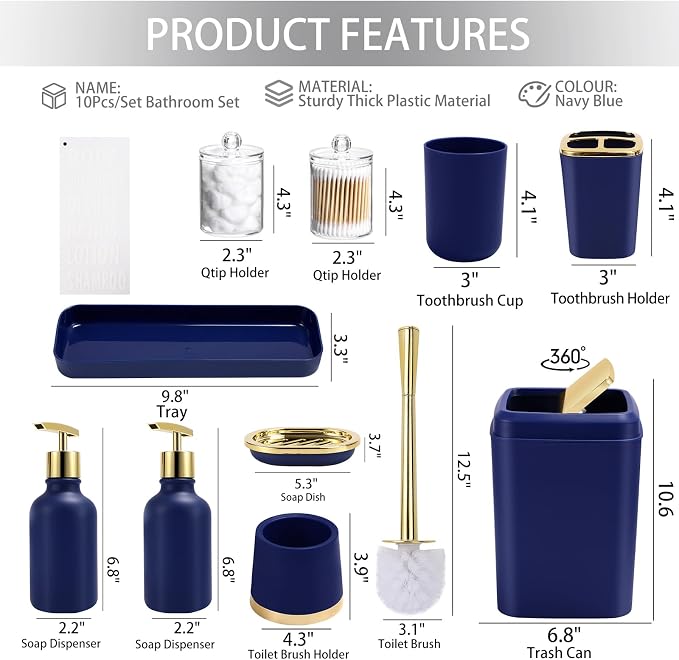 XLHOMO Navy Blue Bathroom Accessories Set -10 Piece Bathroom Accessory Set with Trash Can, Soap Dispenser, Soap Dish, Toothbrush Holder and Cup, Toilet Brush, Qtip Holder, Bathroom Decor Sets Complete