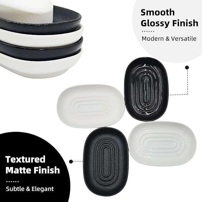 Ceramic Soap Dish for Bathroom & Kitchen Sink- Black Matte Textured Finish Bar Soap Holder for Shower - Easy to Clean Small Simple Oval Soap Dishes Holders for Bar Soaps, Sponges, Jewelry